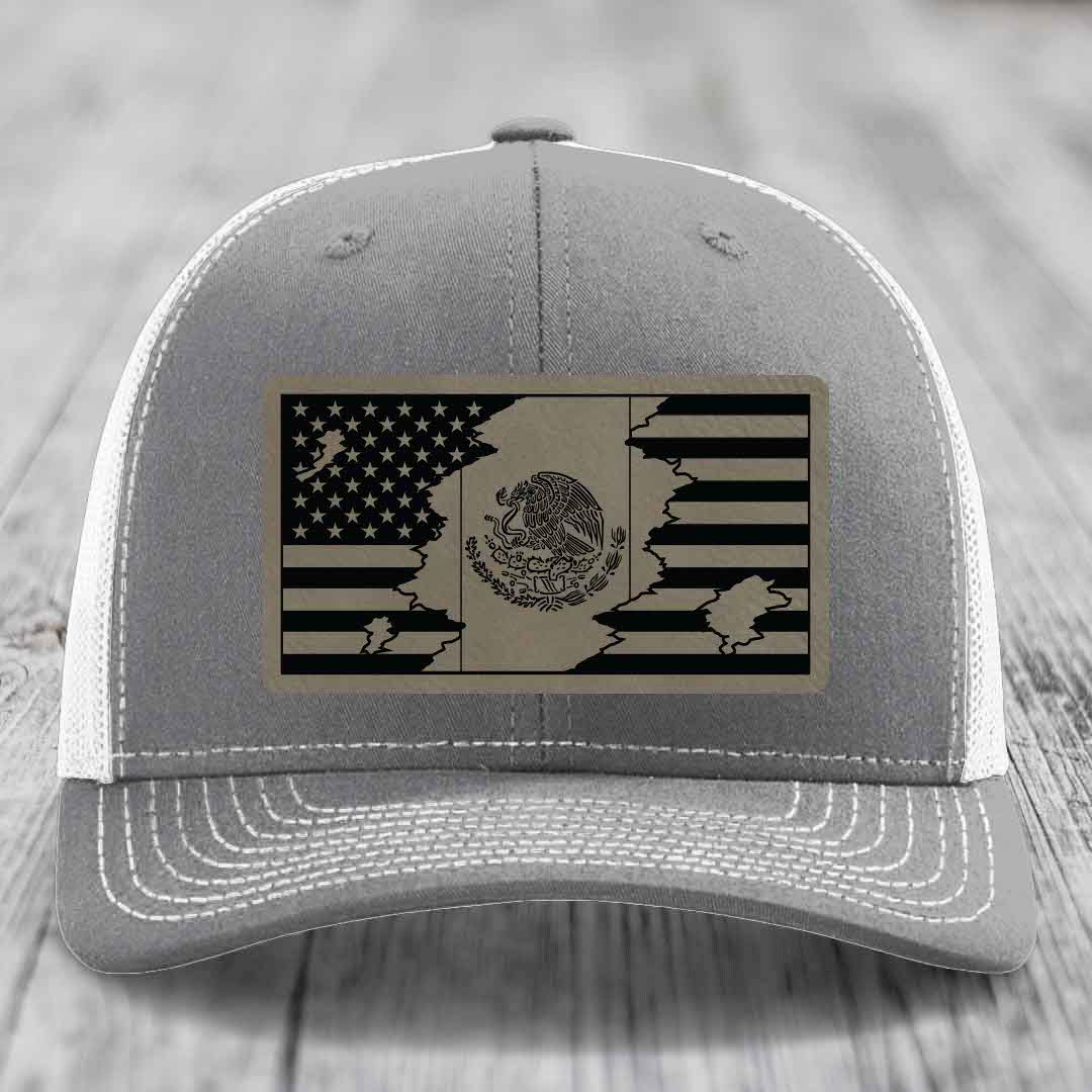 American Mexican Flag - Leather Patch Hat - Light Brown to Black Patch - Richardson 112 Snapback Trucker Hat