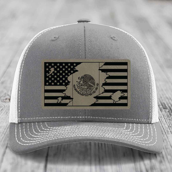 American Mexican Flag - Leather Patch Hat - Light Brown to Black Patch - Richardson 112 Snapback Trucker Hat