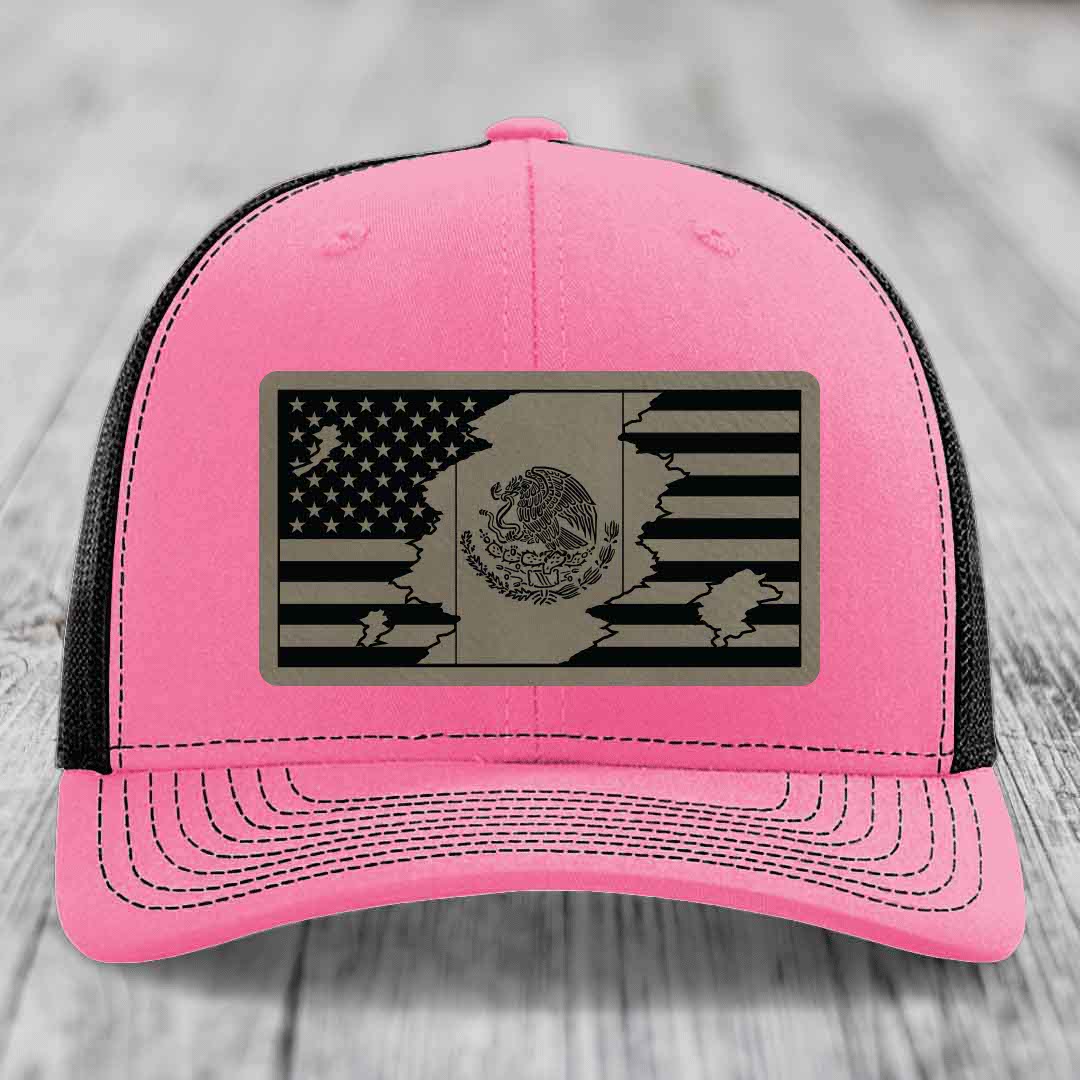 American Mexican Flag - Leather Patch Hat - Light Brown to Black Patch - Richardson 112 Snapback Trucker Hat