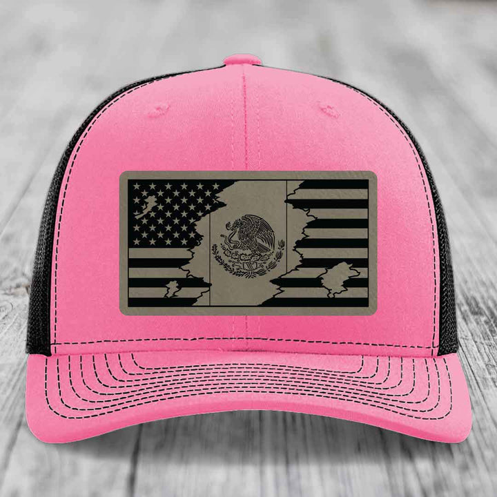 American Mexican Flag - Leather Patch Hat - Light Brown to Black Patch - Richardson 112 Snapback Trucker Hat