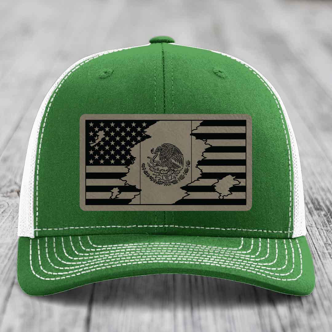 American Mexican Flag - Leather Patch Hat - Light Brown to Black Patch - Richardson 112 Snapback Trucker Hat