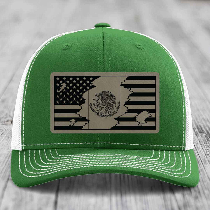 American Mexican Flag - Leather Patch Hat - Light Brown to Black Patch - Richardson 112 Snapback Trucker Hat