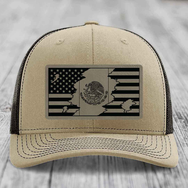 American Mexican Flag - Leather Patch Hat - Light Brown to Black Patch - Richardson 112 Snapback Trucker Hat