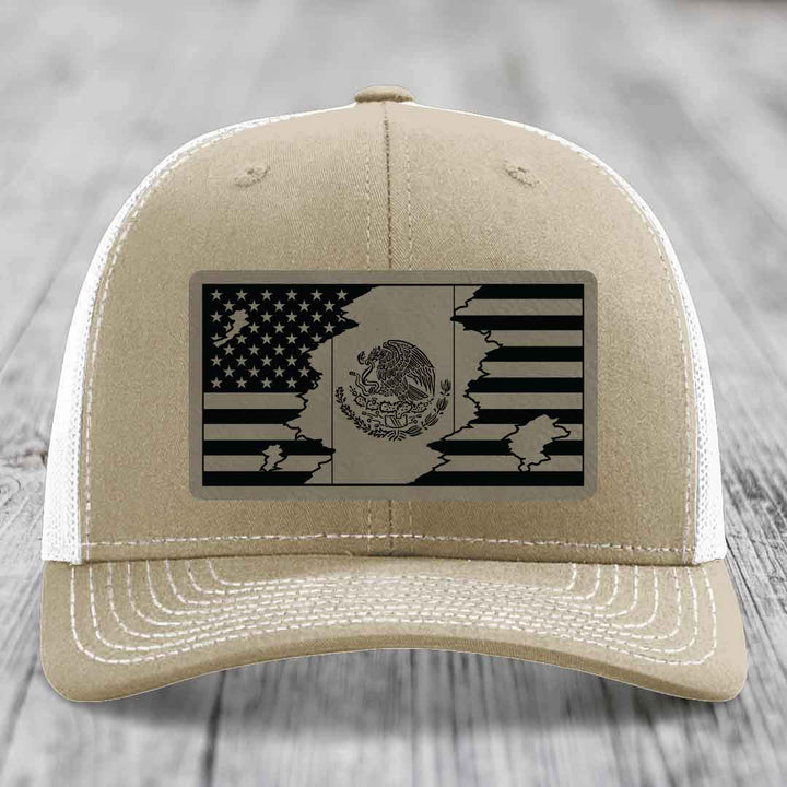 American Mexican Flag - Leather Patch Hat - Light Brown to Black Patch - Richardson 112 Snapback Trucker Hat