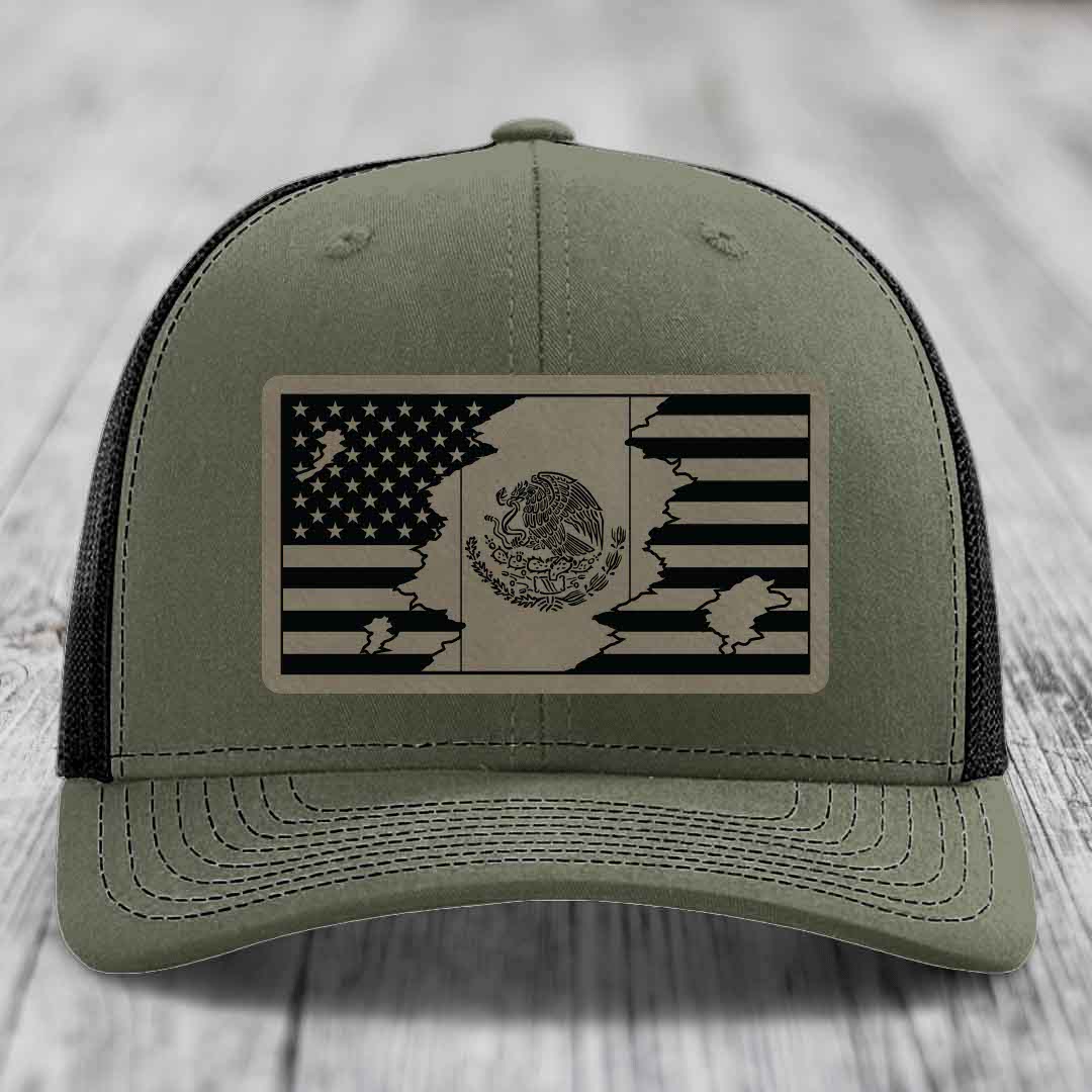 American Mexican Flag - Leather Patch Hat - Light Brown to Black Patch - Richardson 112 Snapback Trucker Hat