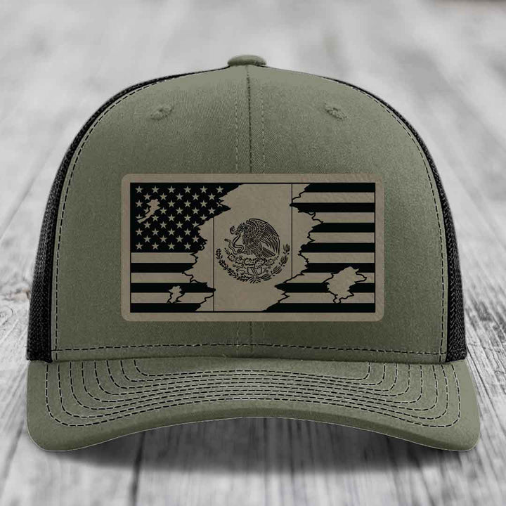 American Mexican Flag - Leather Patch Hat - Light Brown to Black Patch - Richardson 112 Snapback Trucker Hat