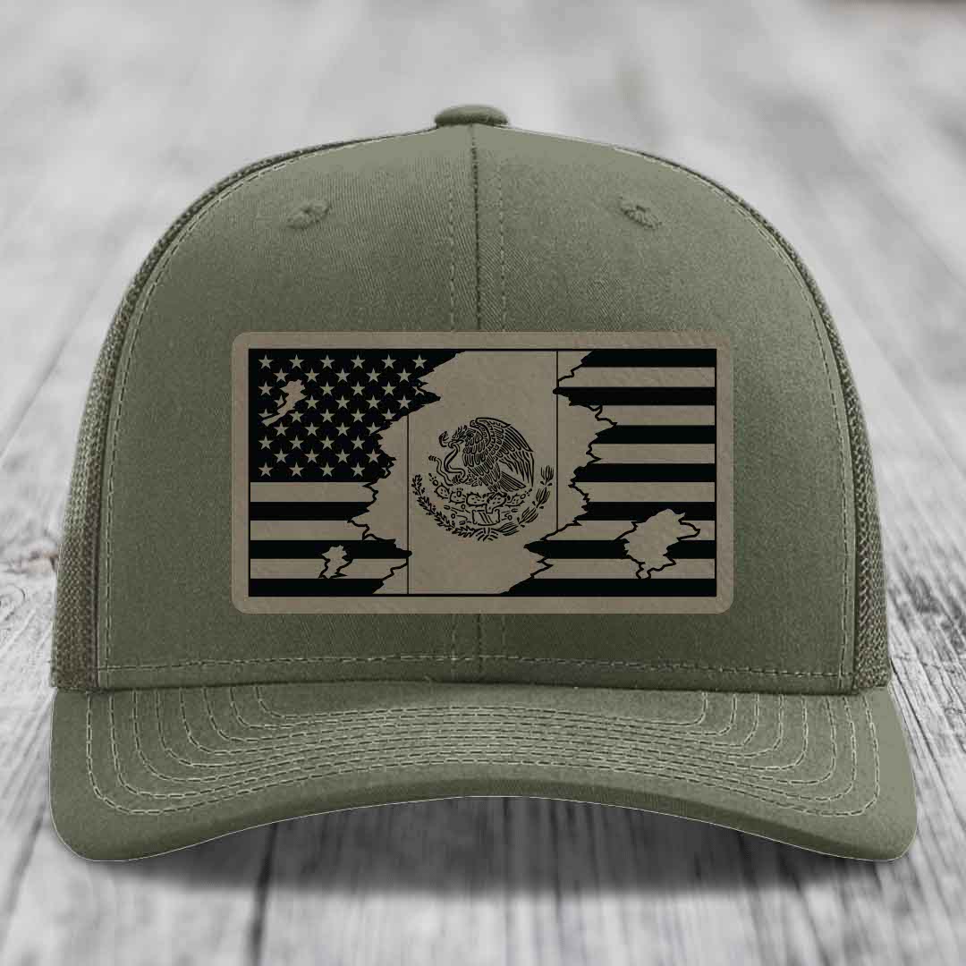 American Mexican Flag - Leather Patch Hat - Light Brown to Black Patch - Richardson 112 Snapback Trucker Hat
