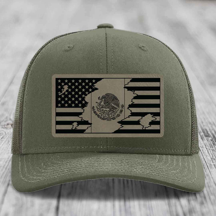 American Mexican Flag - Leather Patch Hat - Light Brown to Black Patch - Richardson 112 Snapback Trucker Hat
