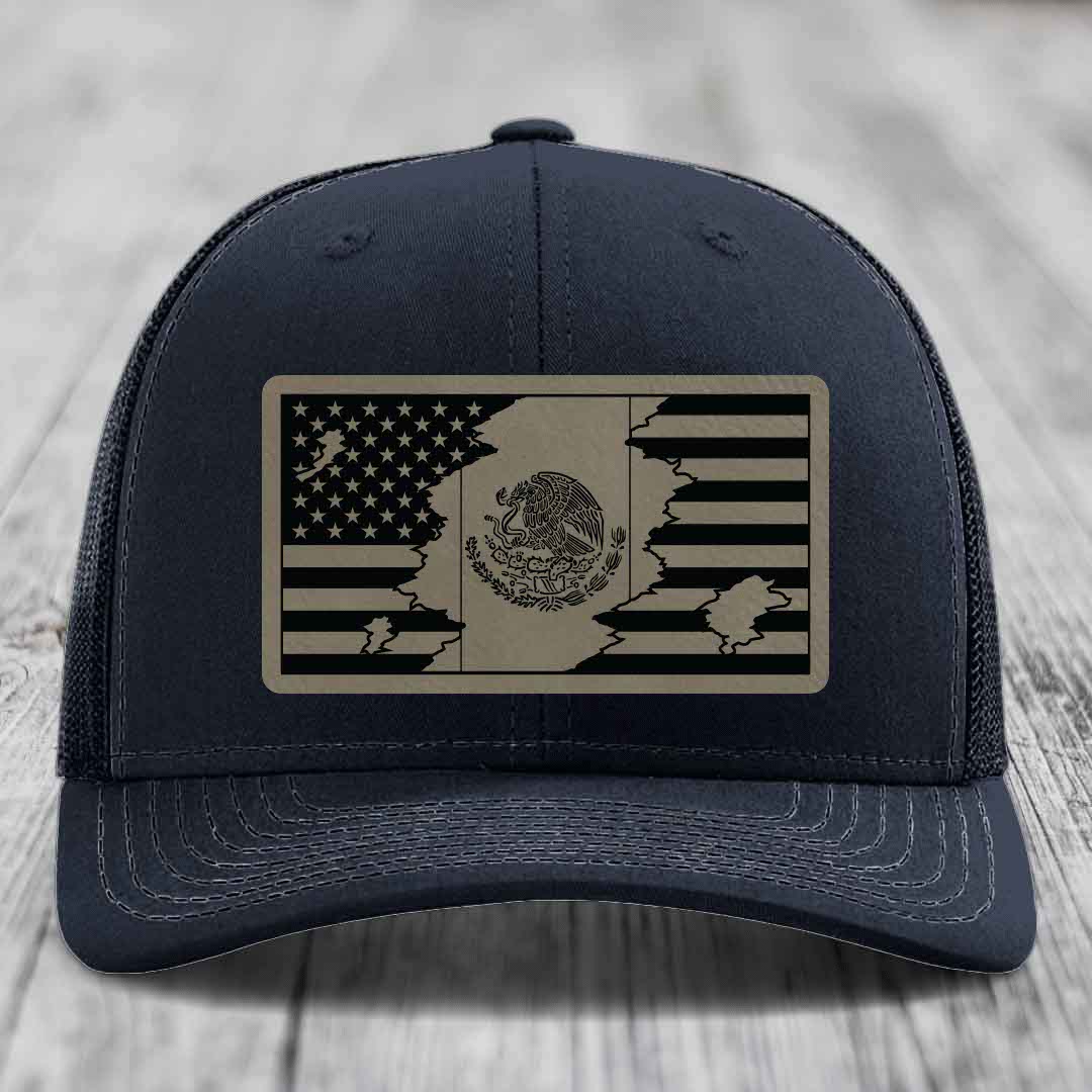 American Mexican Flag - Leather Patch Hat - Light Brown to Black Patch - Richardson 112 Snapback Trucker Hat