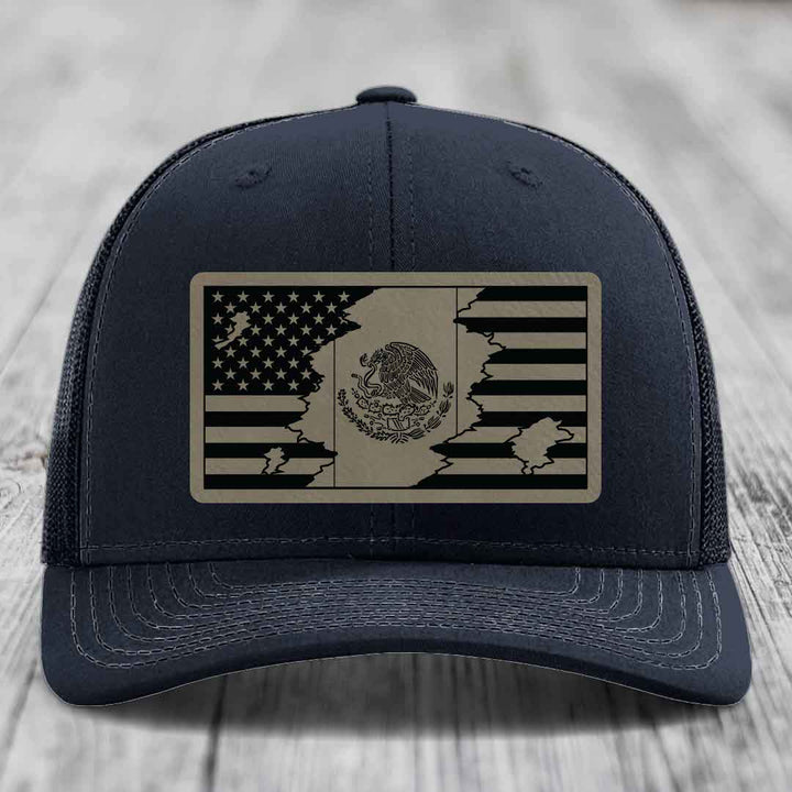 American Mexican Flag - Leather Patch Hat - Light Brown to Black Patch - Richardson 112 Snapback Trucker Hat
