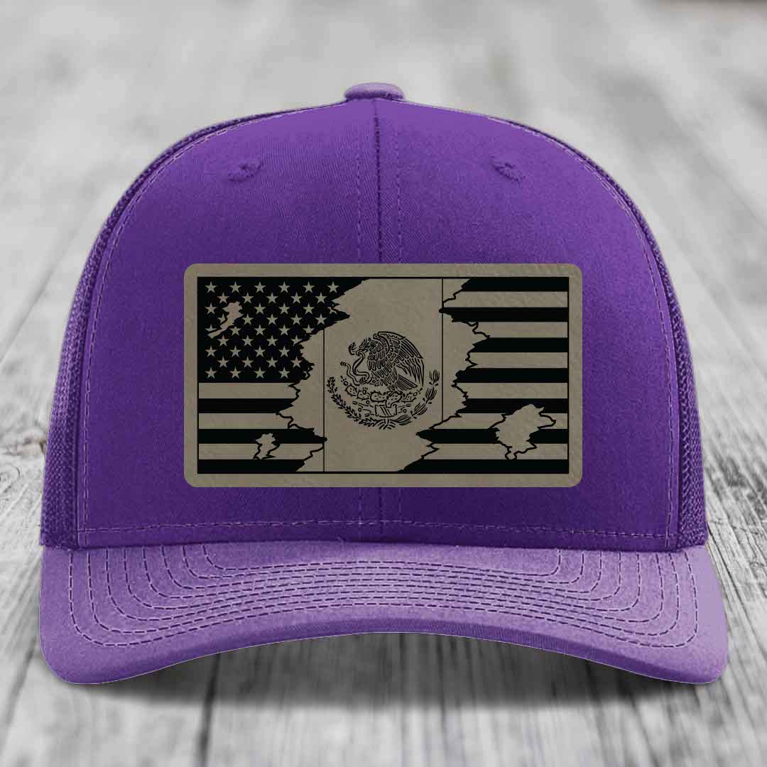 American Mexican Flag - Leather Patch Hat - Light Brown to Black Patch - Richardson 112 Snapback Trucker Hat