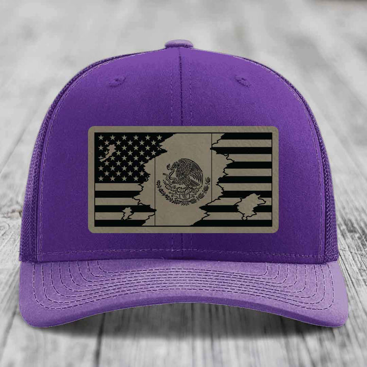 American Mexican Flag - Leather Patch Hat - Light Brown to Black Patch - Richardson 112 Snapback Trucker Hat