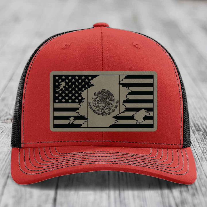 American Mexican Flag - Leather Patch Hat - Light Brown to Black Patch - Richardson 112 Snapback Trucker Hat
