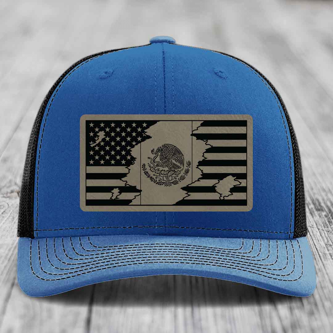American Mexican Flag - Leather Patch Hat - Light Brown to Black Patch - Richardson 112 Snapback Trucker Hat