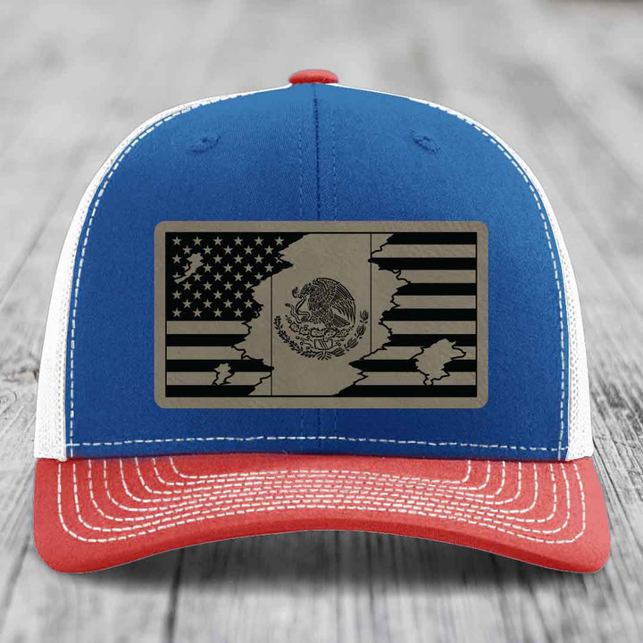 American Mexican Flag - Leather Patch Hat - Light Brown to Black Patch - Richardson 112 Snapback Trucker Hat