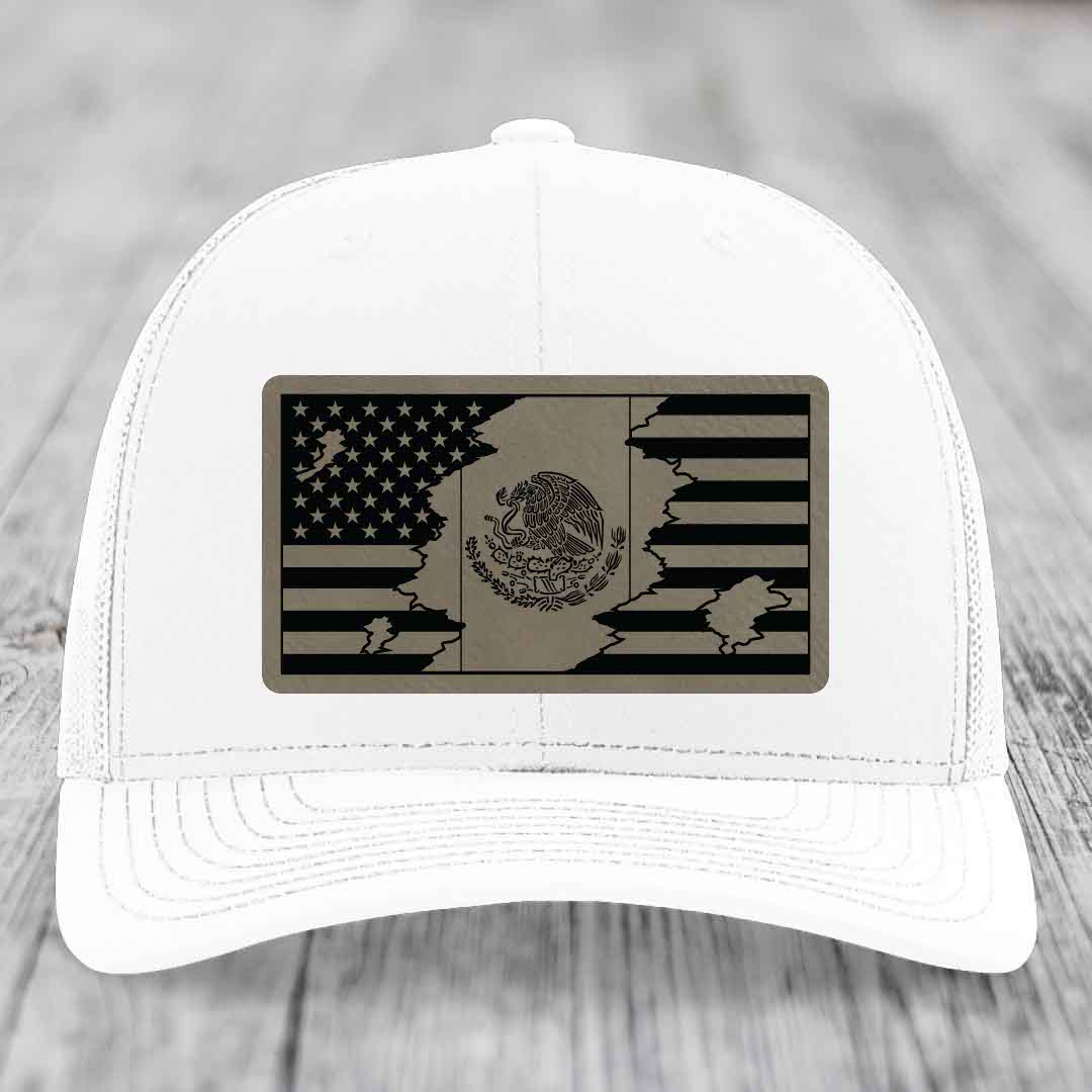 American Mexican Flag - Leather Patch Hat - Light Brown to Black Patch - Richardson 112 Snapback Trucker Hat