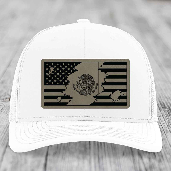 American Mexican Flag - Leather Patch Hat - Light Brown to Black Patch - Richardson 112 Snapback Trucker Hat