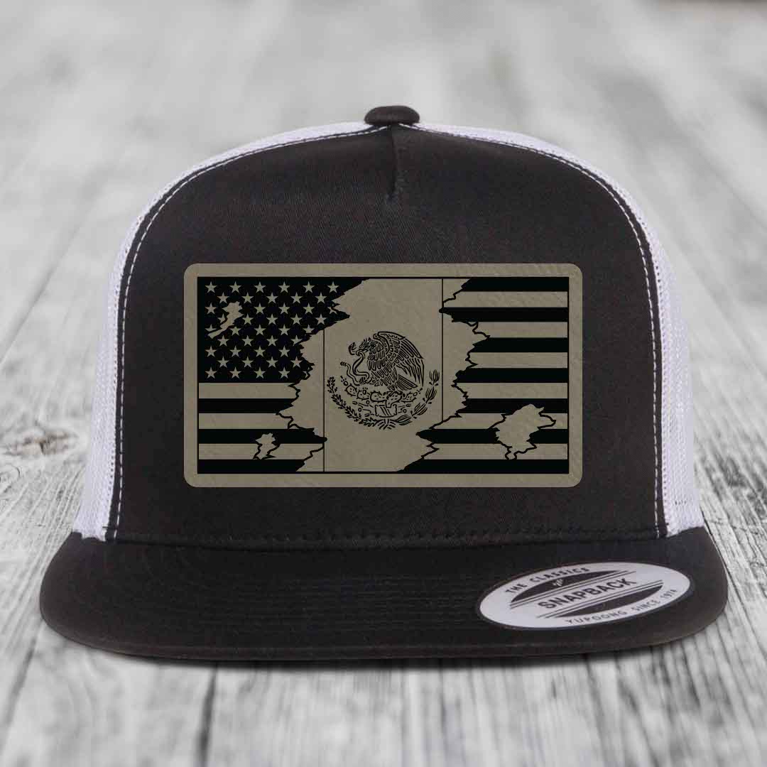 American Mexican Flag - Leather Patch Hat - Light Brown to Black Patch - Yupoong 6006 Snapback Flatbill Hat