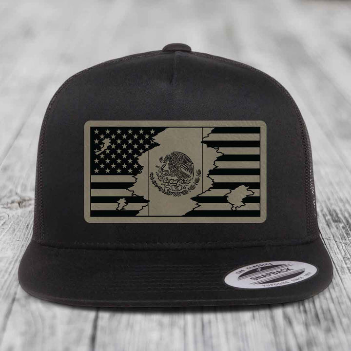 American Mexican Flag - Leather Patch Hat - Light Brown to Black Patch - Yupoong 6006 Snapback Flatbill Hat