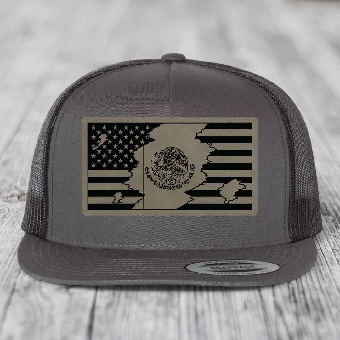 American Mexican Flag - Leather Patch Hat - Light Brown to Black Patch - Yupoong 6006 Snapback Flatbill Hat