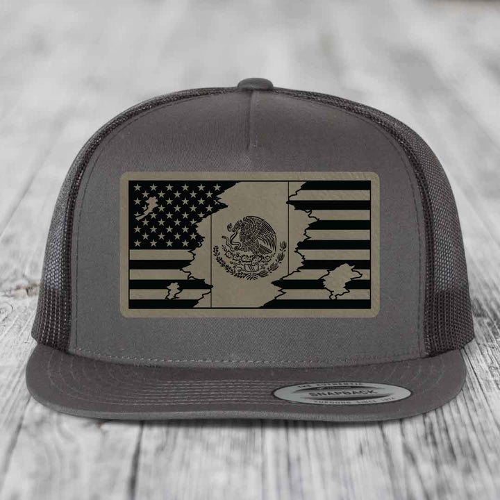 American Mexican Flag - Leather Patch Hat - Light Brown to Black Patch - Yupoong 6006 Snapback Flatbill Hat