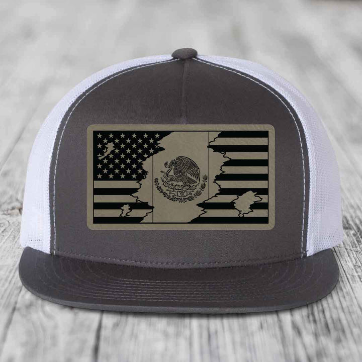 American Mexican Flag - Leather Patch Hat - Light Brown to Black Patch - Yupoong 6006 Snapback Flatbill Hat