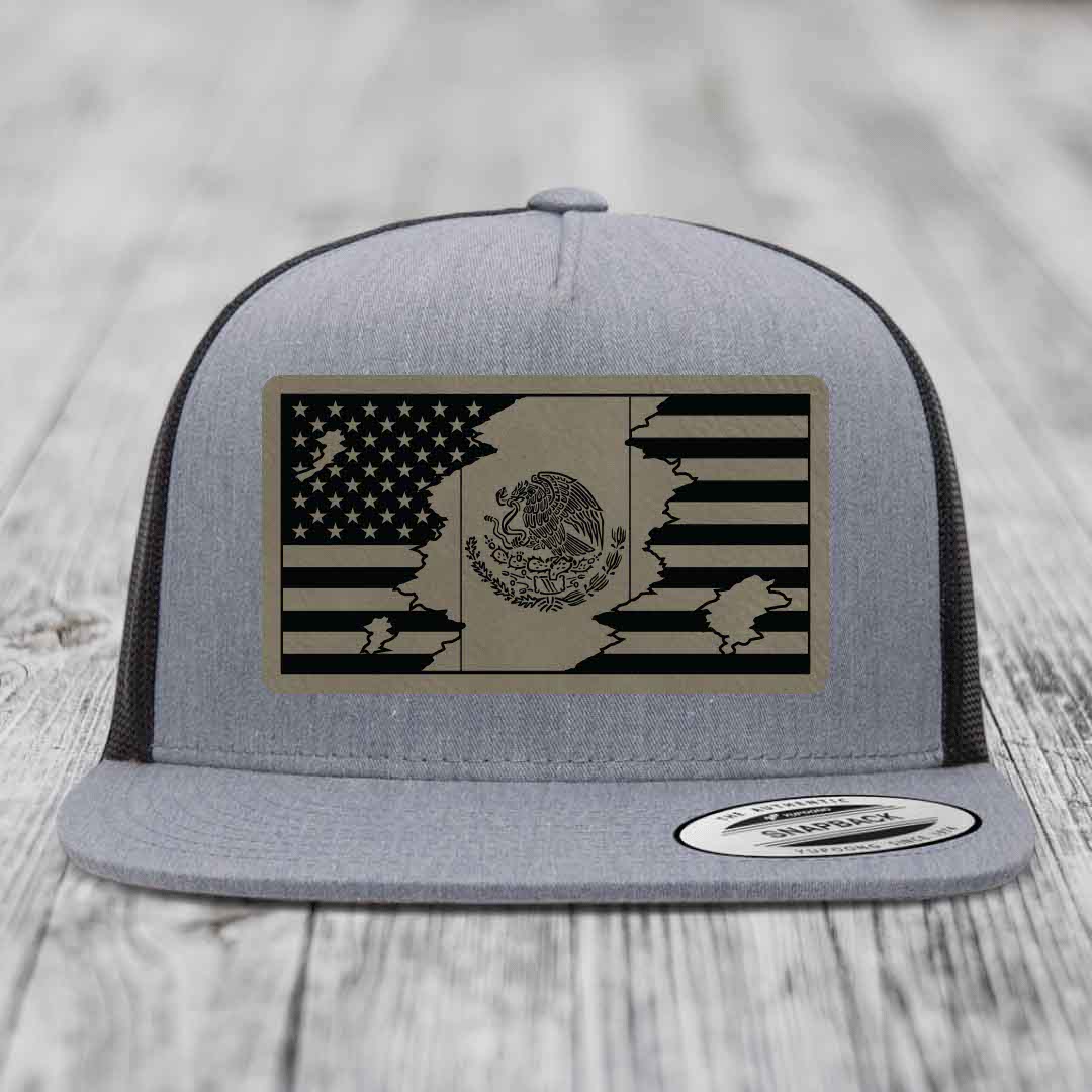 American Mexican Flag - Leather Patch Hat - Light Brown to Black Patch - Yupoong 6006 Snapback Flatbill Hat