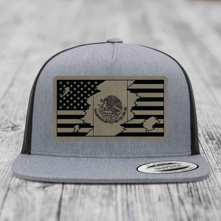 American Mexican Flag - Leather Patch Hat - Light Brown to Black Patch - Yupoong 6006 Snapback Flatbill Hat