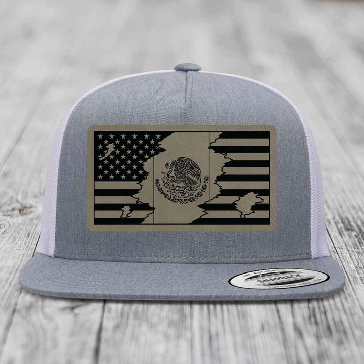 American Mexican Flag - Leather Patch Hat - Light Brown to Black Patch - Yupoong 6006 Snapback Flatbill Hat