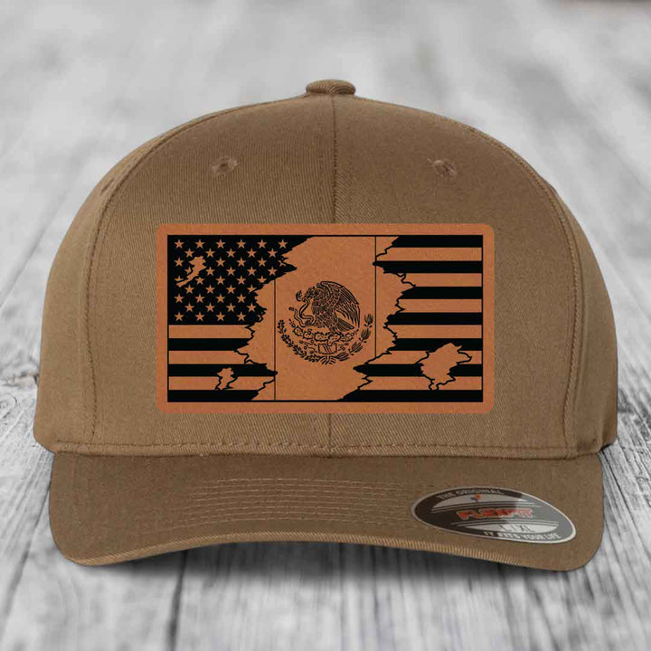 American Mexican Flag - Leather Patch Hat - Rawhide to Black Patch - Flexfit 6277 Fitted Hat