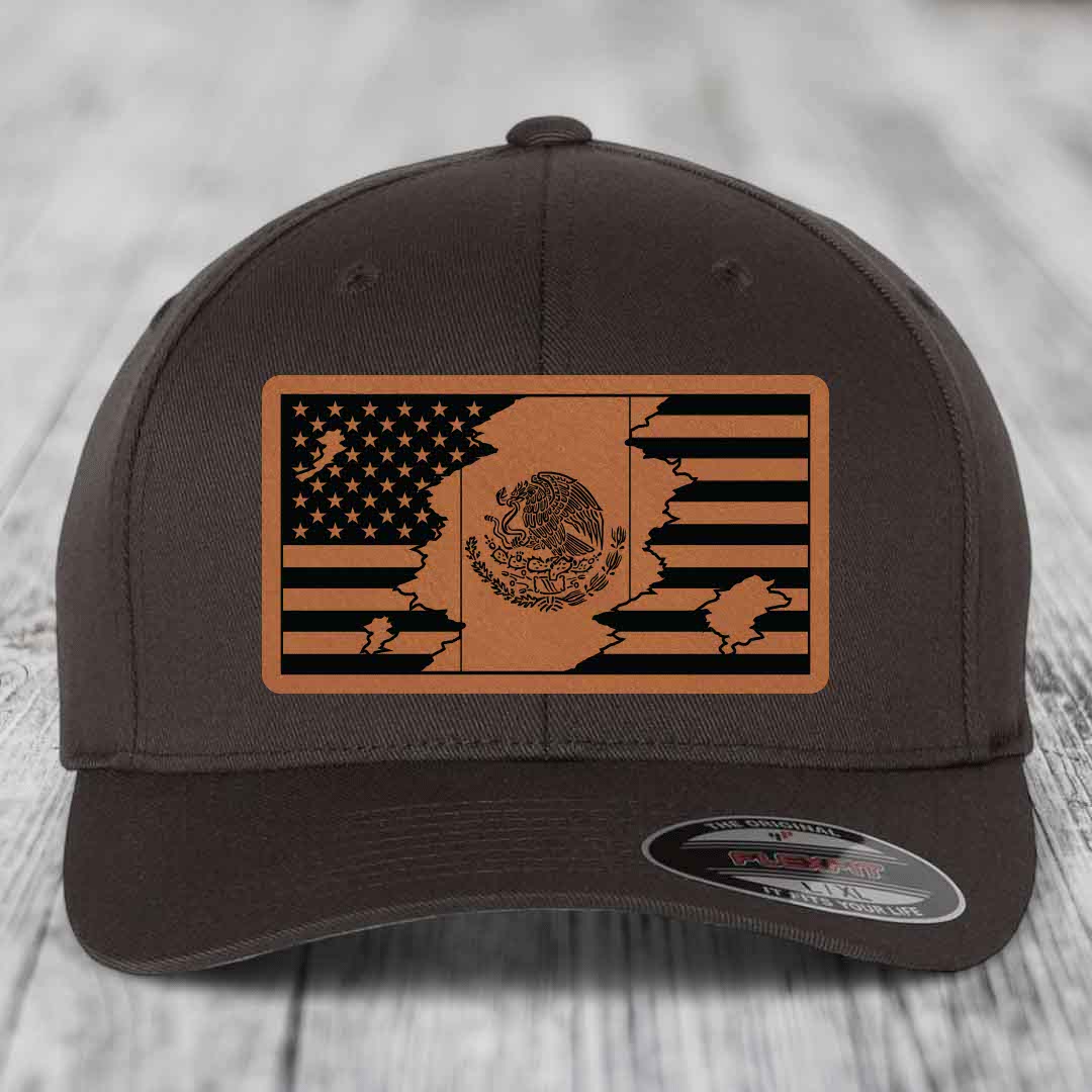American Mexican Flag - Leather Patch Hat - Rawhide to Black Patch - Flexfit 6277 Fitted Hat