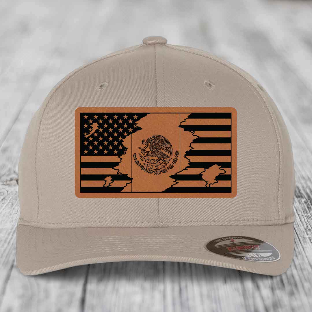 American Mexican Flag - Leather Patch Hat - Rawhide to Black Patch - Flexfit 6277 Fitted Hat