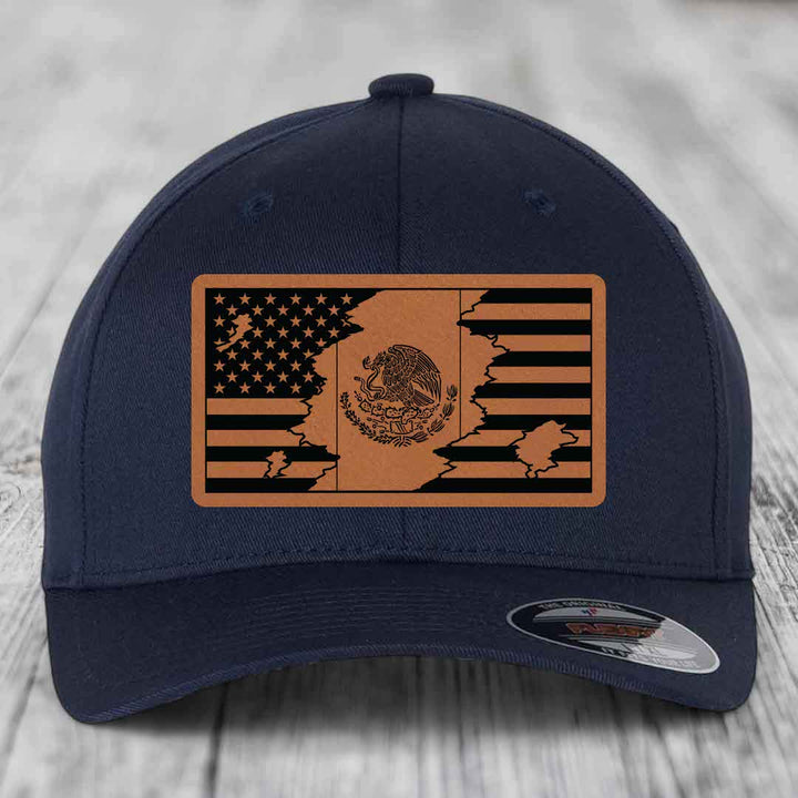 American Mexican Flag - Leather Patch Hat - Rawhide to Black Patch - Flexfit 6277 Fitted Hat
