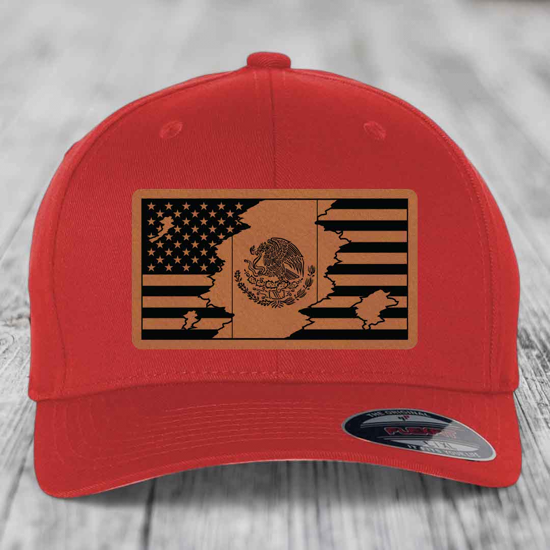 American Mexican Flag - Leather Patch Hat - Rawhide to Black Patch - Flexfit 6277 Fitted Hat