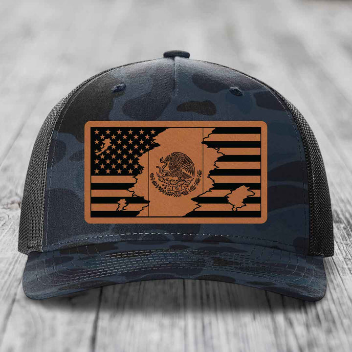 American Mexican Flag - Leather Patch Hat - Rawhide to Black Patch - Richardson 112PFP Snapback Trucker Hat