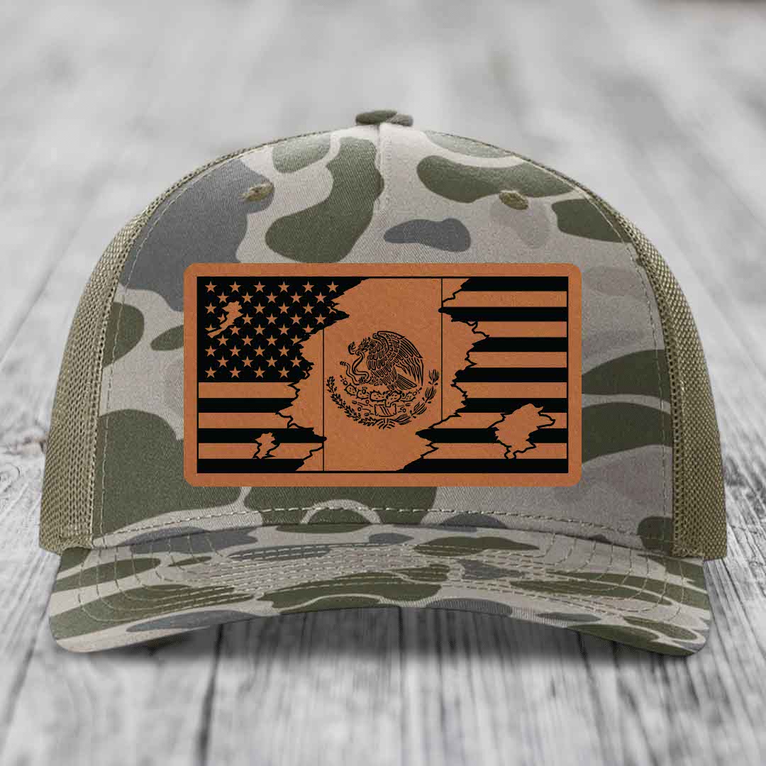 American Mexican Flag - Leather Patch Hat - Rawhide to Black Patch - Richardson 112PFP Snapback Trucker Hat