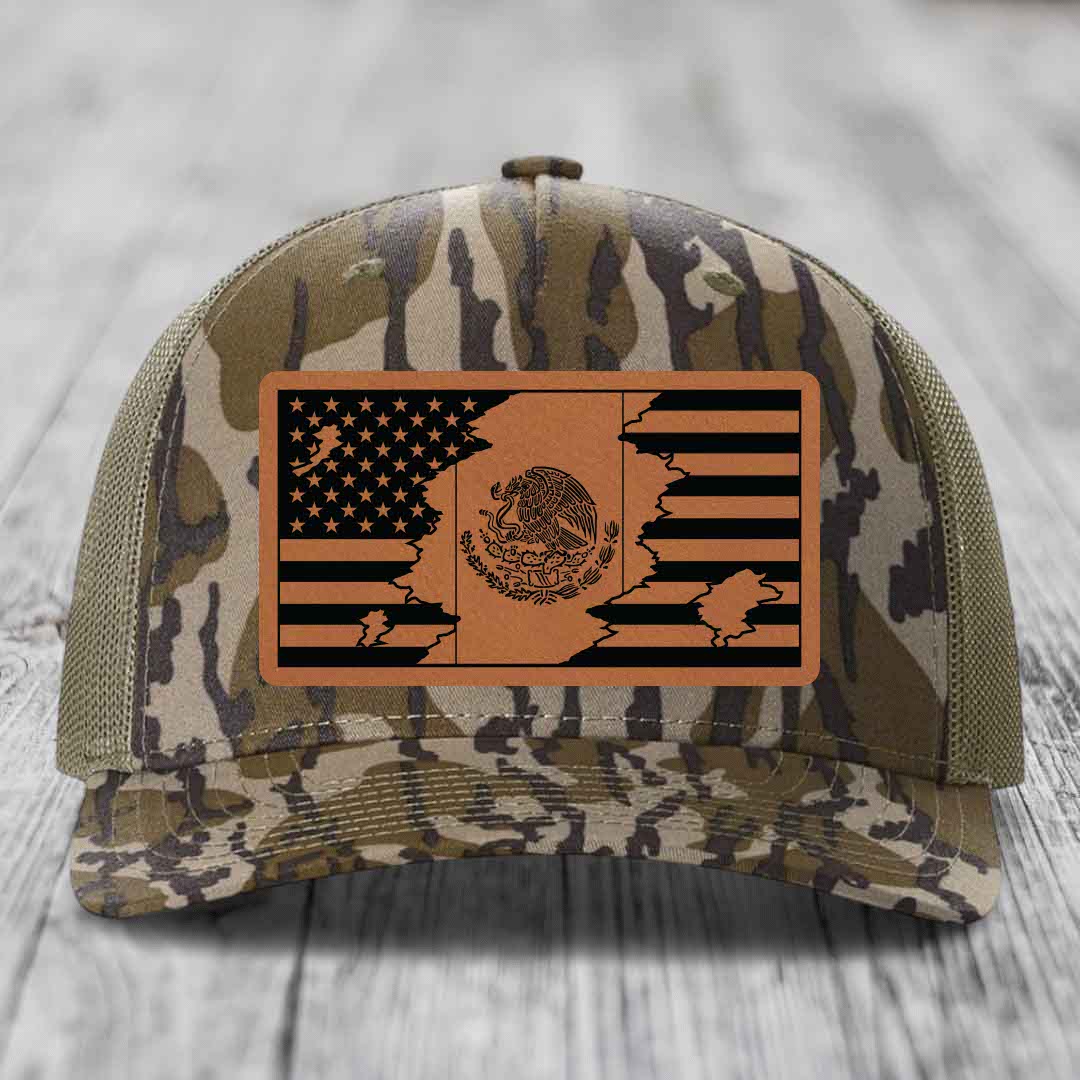 American Mexican Flag - Leather Patch Hat - Rawhide to Black Patch - Richardson 112PFP Snapback Trucker Hat