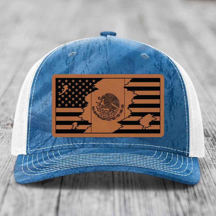 American Mexican Flag - Leather Patch Hat - Rawhide to Black Patch - Richardson 112PFP Snapback Trucker Hat