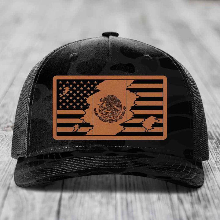 American Mexican Flag - Leather Patch Hat - Rawhide to Black Patch - Richardson 112PFP Snapback Trucker Hat