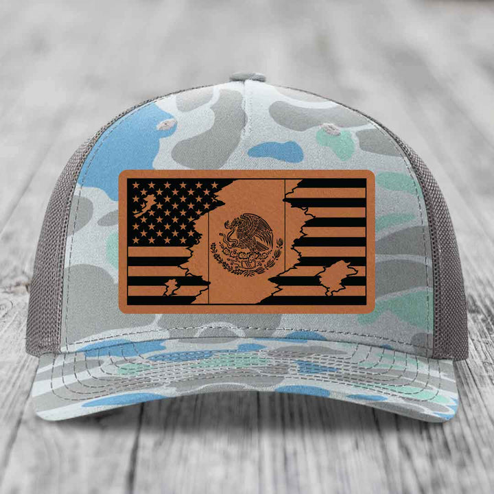 American Mexican Flag - Leather Patch Hat - Rawhide to Black Patch - Richardson 112PFP Snapback Trucker Hat