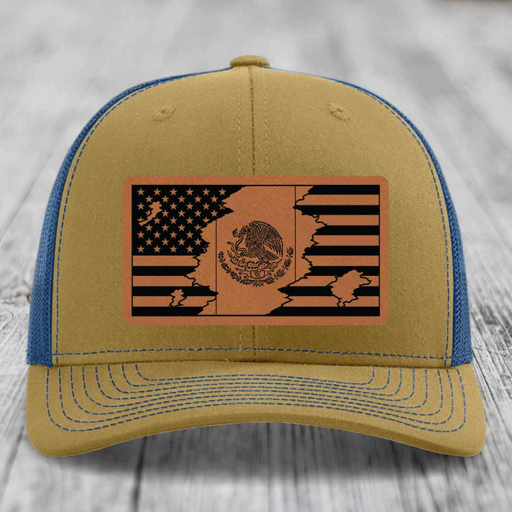 American Mexican Flag - Leather Patch Hat - Rawhide to Black Patch - Richardson 112 Snapback Trucker Hat
