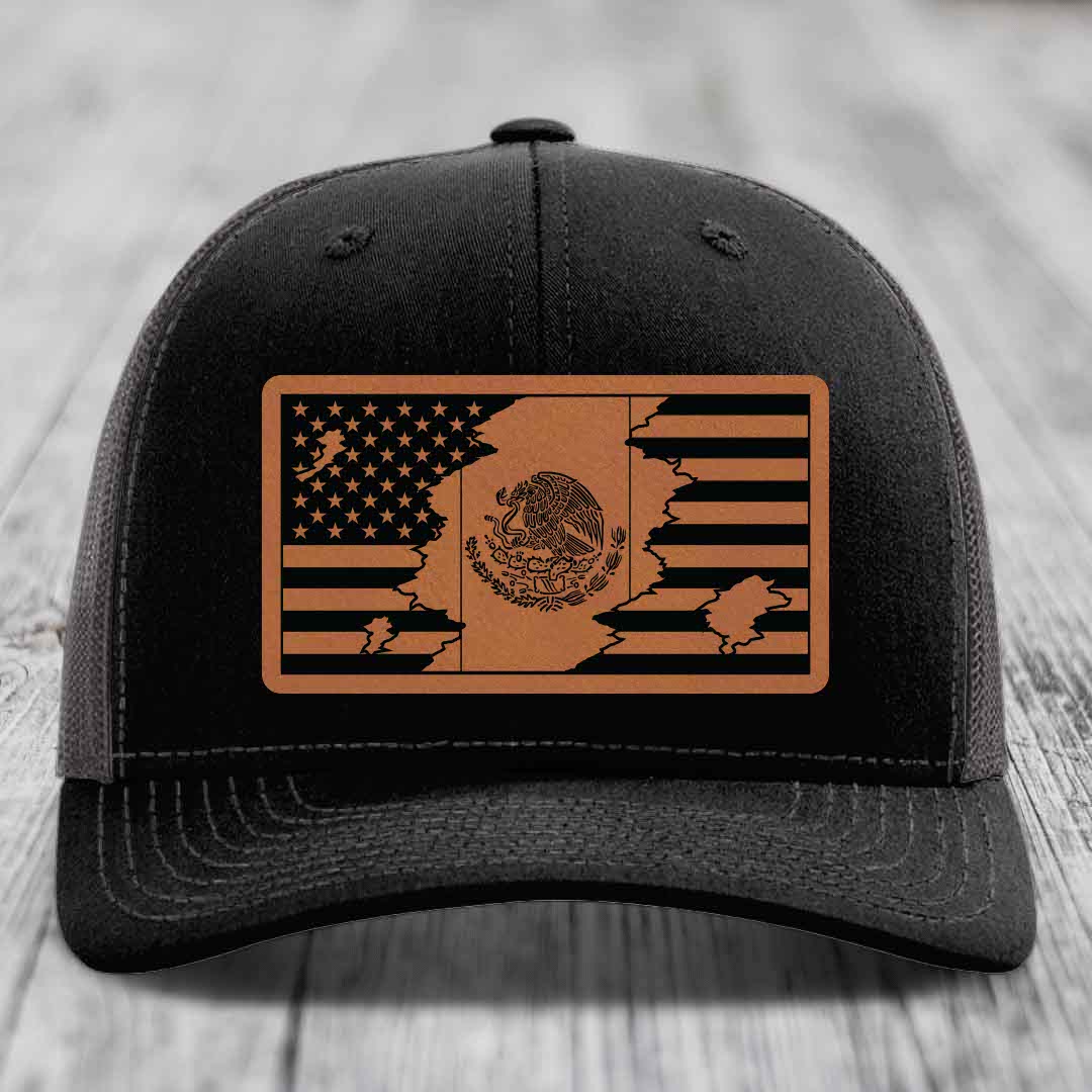 American Mexican Flag - Leather Patch Hat - Rawhide to Black Patch - Richardson 112 Snapback Trucker Hat