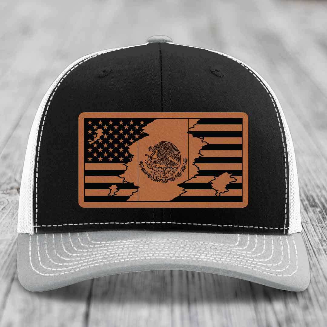 American Mexican Flag - Leather Patch Hat - Rawhide to Black Patch - Richardson 112 Snapback Trucker Hat