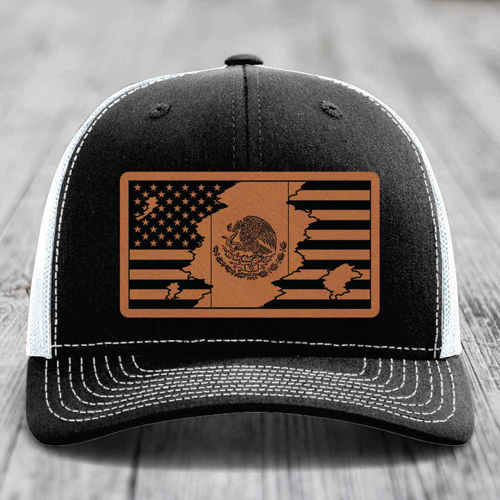 American Mexican Flag - Leather Patch Hat - Rawhide to Black Patch - Richardson 112 Snapback Trucker Hat