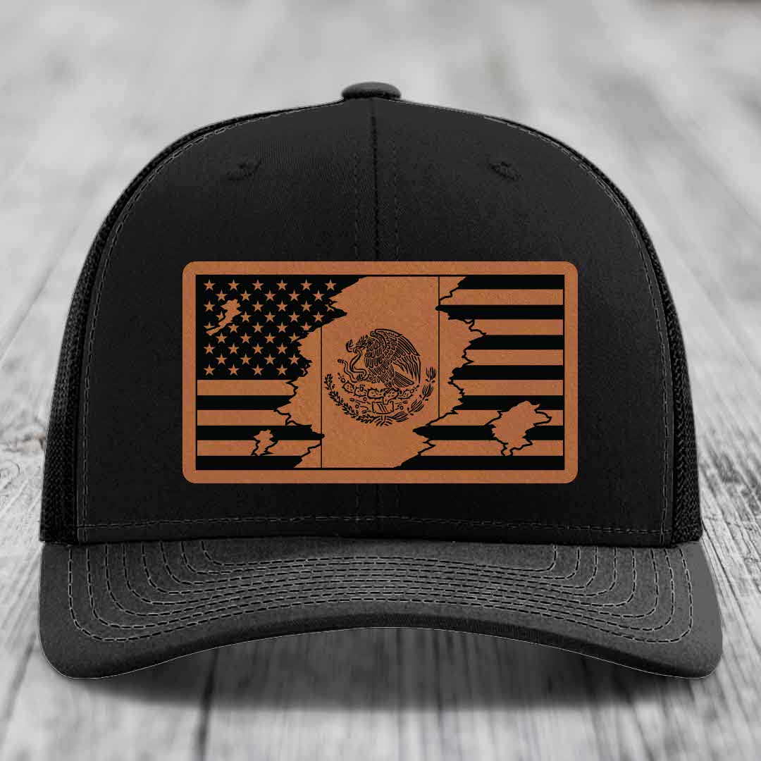 American Mexican Flag - Leather Patch Hat - Rawhide to Black Patch - Richardson 112 Snapback Trucker Hat