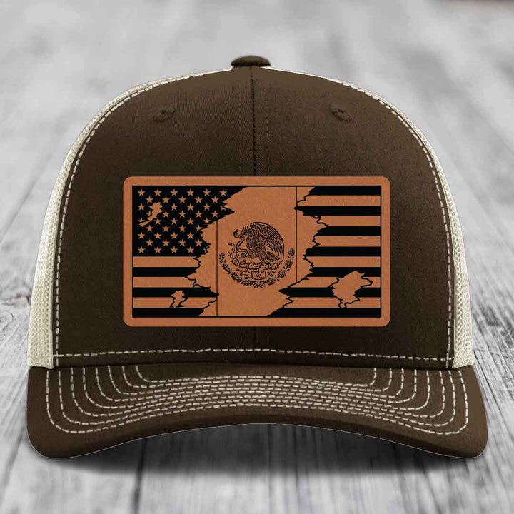 American Mexican Flag - Leather Patch Hat - Rawhide to Black Patch - Richardson 112 Snapback Trucker Hat