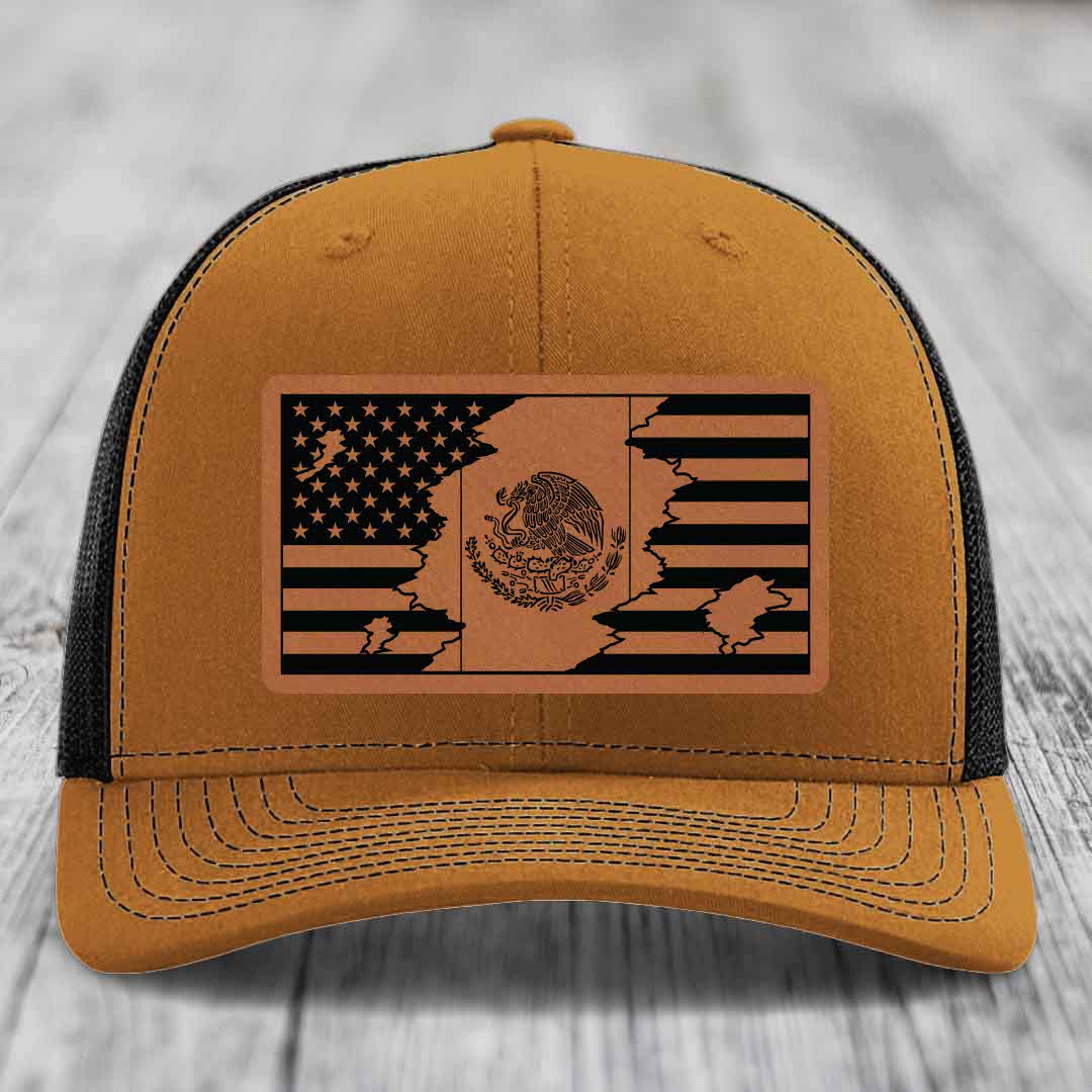 American Mexican Flag - Leather Patch Hat - Rawhide to Black Patch - Richardson 112 Snapback Trucker Hat