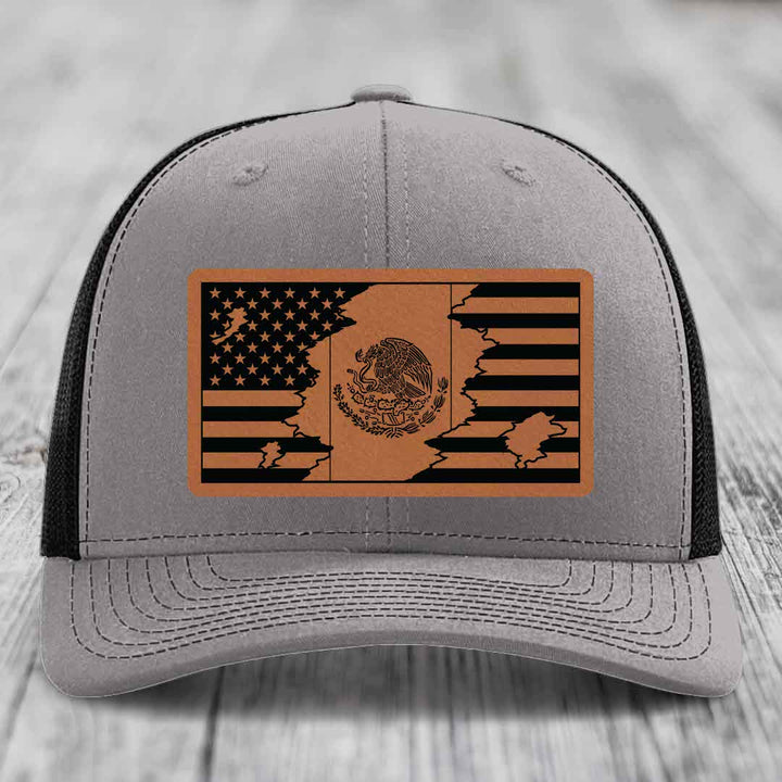 American Mexican Flag - Leather Patch Hat - Rawhide to Black Patch - Richardson 112 Snapback Trucker Hat