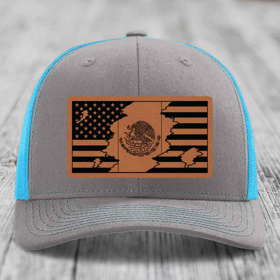 American Mexican Flag - Leather Patch Hat - Rawhide to Black Patch - Richardson 112 Snapback Trucker Hat