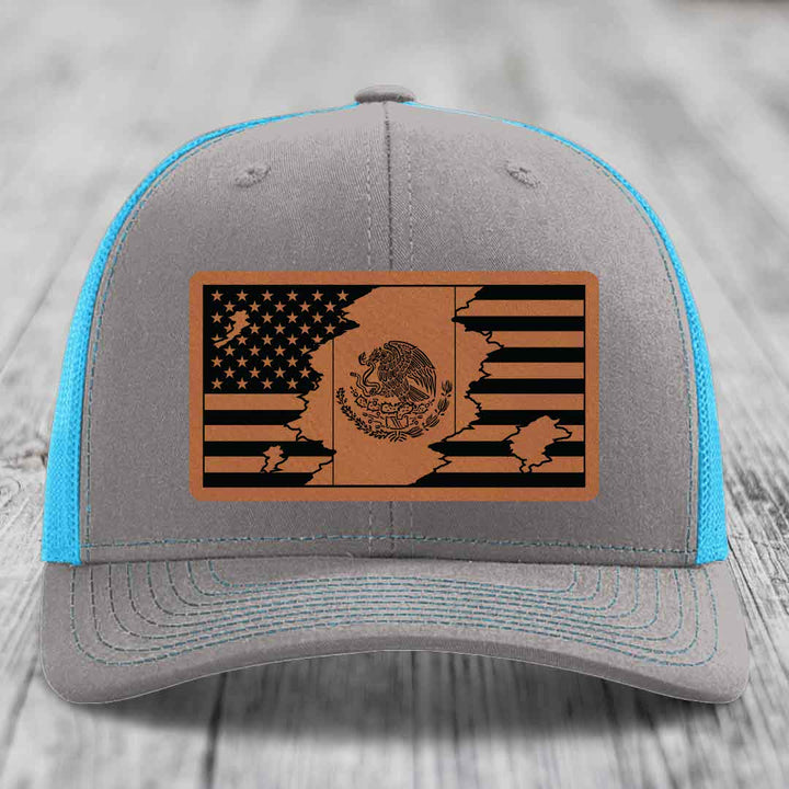 American Mexican Flag - Leather Patch Hat - Rawhide to Black Patch - Richardson 112 Snapback Trucker Hat